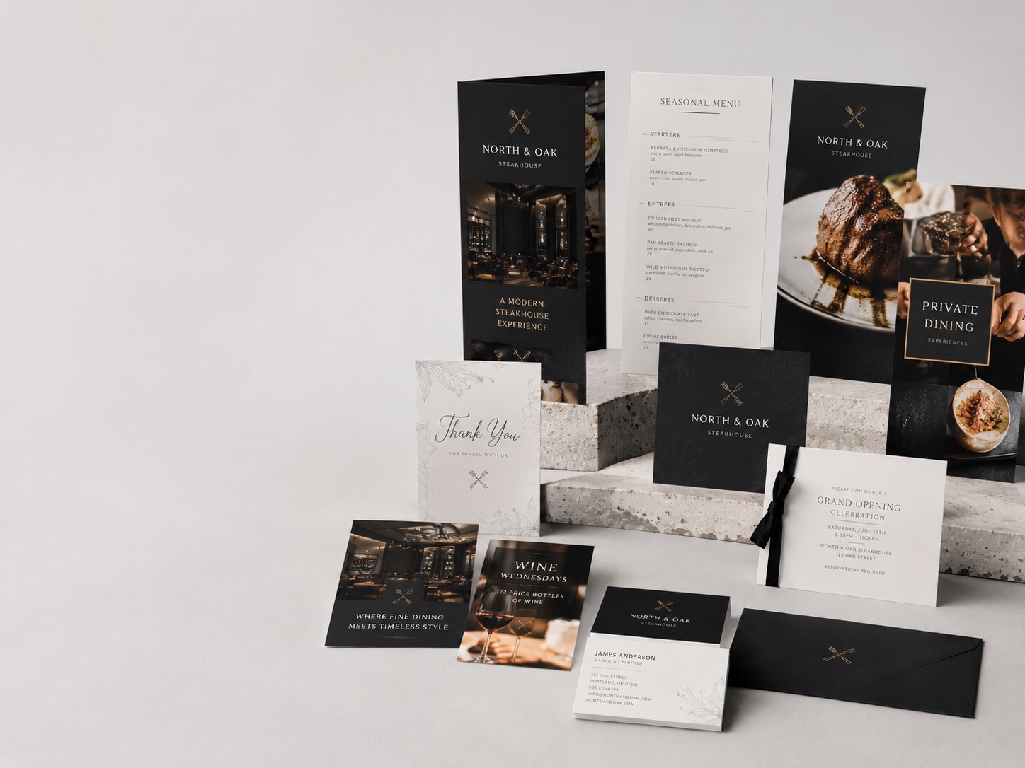 Restaurant menus, business cards, invitations and marketing print collection