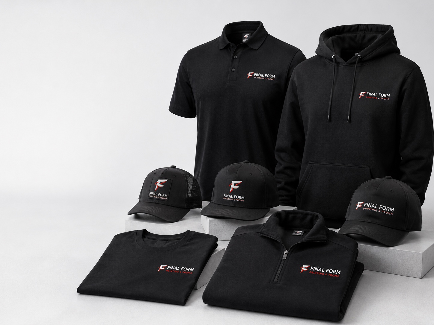 Embroidered polos, hoodies, hats and branded apparel lineup