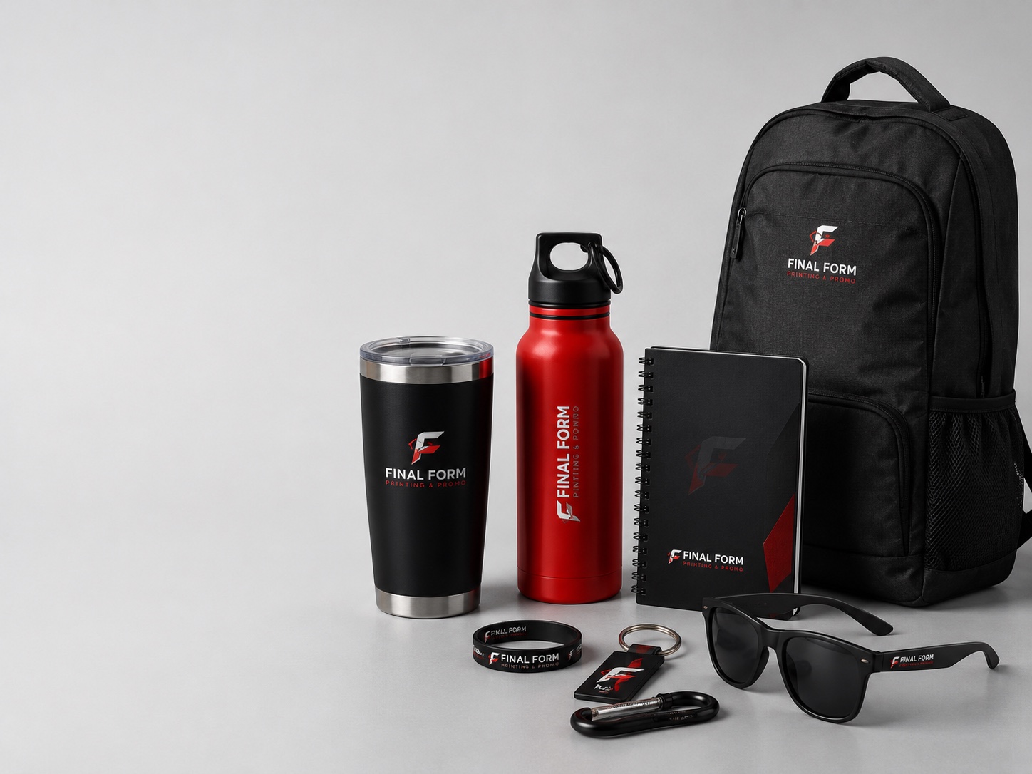 Branded tumbler, water bottle, notebook, backpack and promotional products
