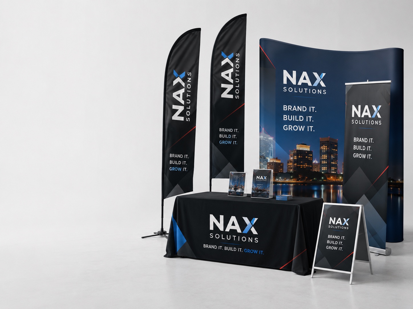 Feather flags, table cover, retractable banner and trade show display set